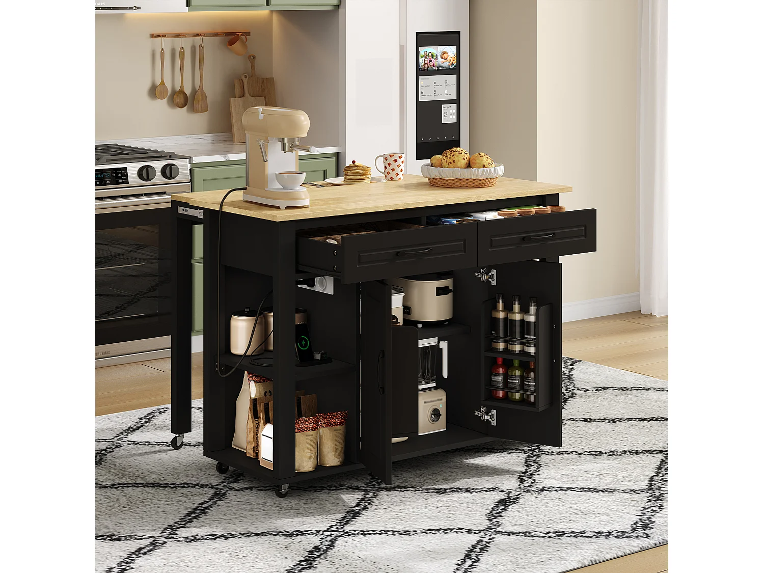 Chariot de cuisine 120x44x91.5 avec comptoir de bar et prises électriques deux tiroirs et deux portes d'armoire avec séparateurs en noir pour cuisine