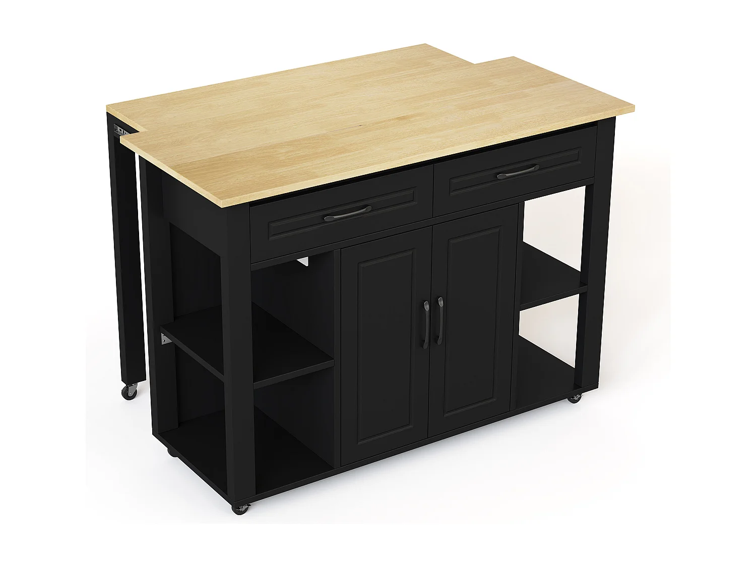 Chariot de cuisine 120x44x91.5 avec comptoir de bar et prises électriques deux tiroirs et deux portes d'armoire avec séparateurs en noir pour cuisine