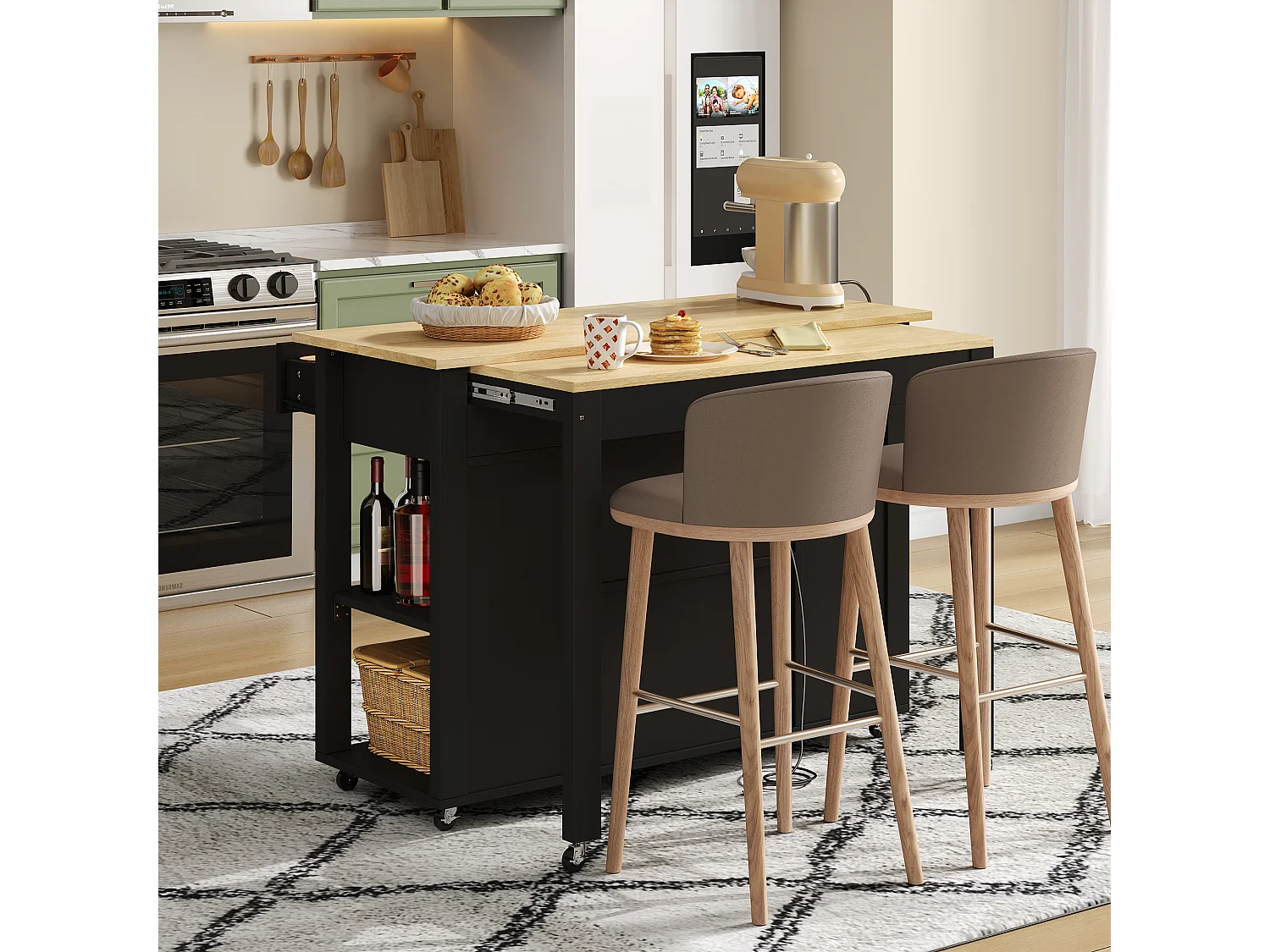 Chariot de cuisine 120x44x91.5 avec comptoir de bar et prises électriques deux tiroirs et deux portes d'armoire avec séparateurs en noir pour cuisine