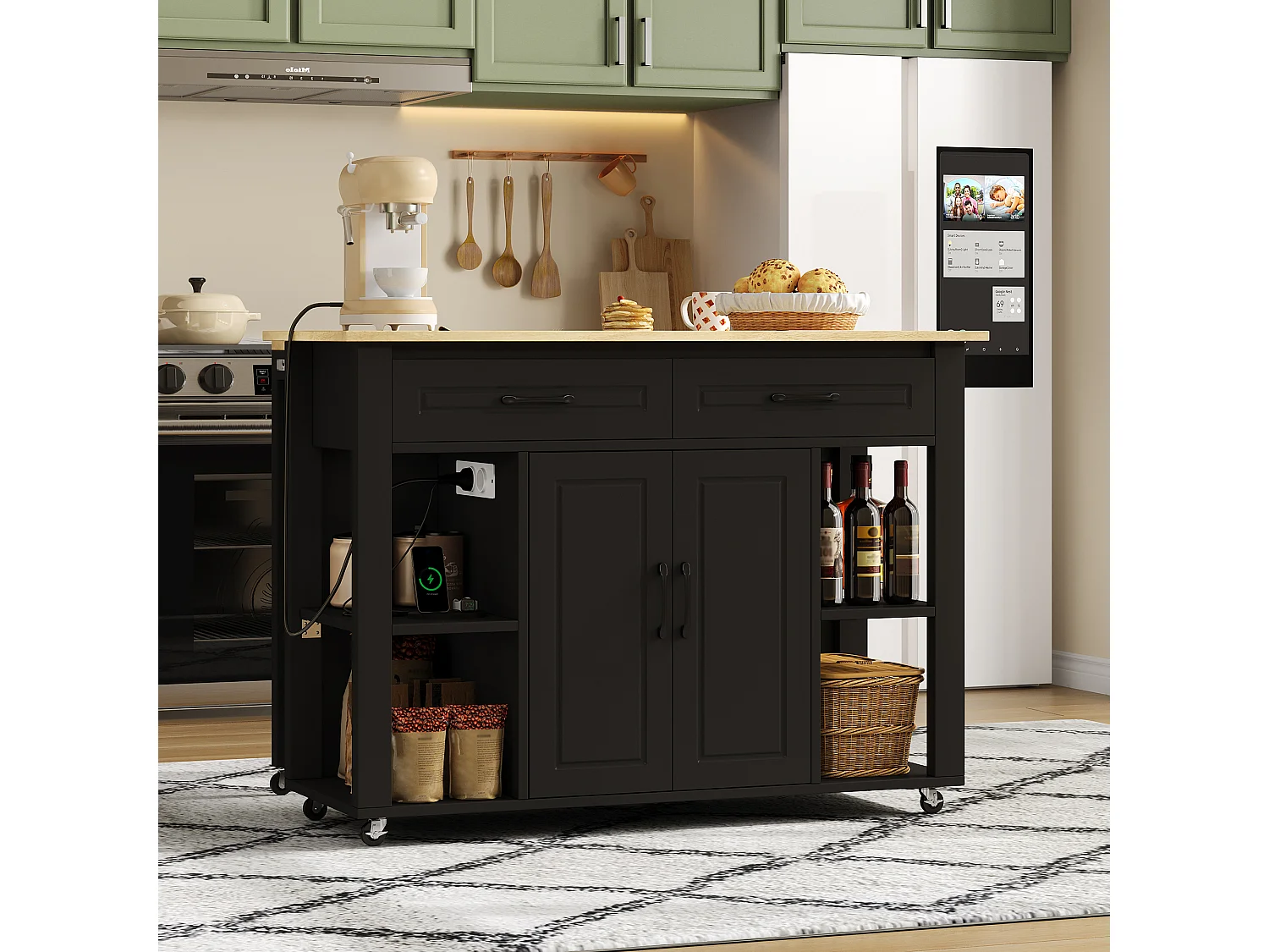 Chariot de cuisine 120x44x91.5 avec comptoir de bar et prises électriques deux tiroirs et deux portes d'armoire avec séparateurs en noir pour cuisine