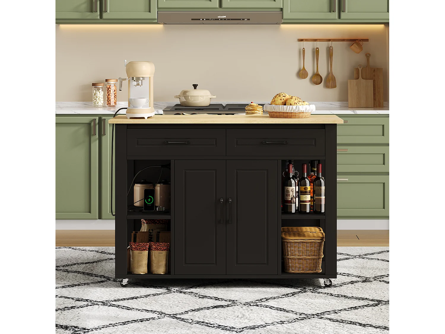 Chariot de cuisine 120x44x91.5 avec comptoir de bar et prises électriques deux tiroirs et deux portes d'armoire avec séparateurs en noir pour cuisine