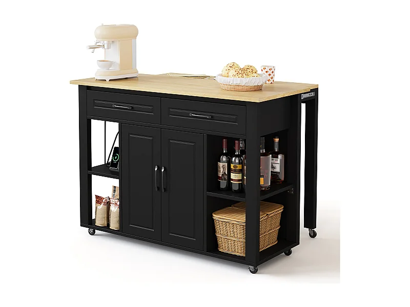 Keukentrolley 120x44x91,5 cm met barblad en stopcontacten, twee lades en twee kastdeuren met tussenschotten in zwart, geschikt voor keuken en eetkamer.