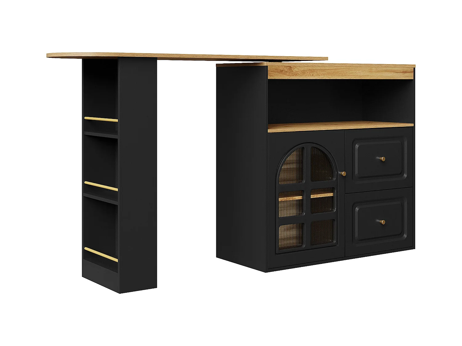 Desserte de cuisine 138/204x39x104 cm pivotant en bois avec 1 porte vitrée 2 tiroirs buffet avec rangement - noir