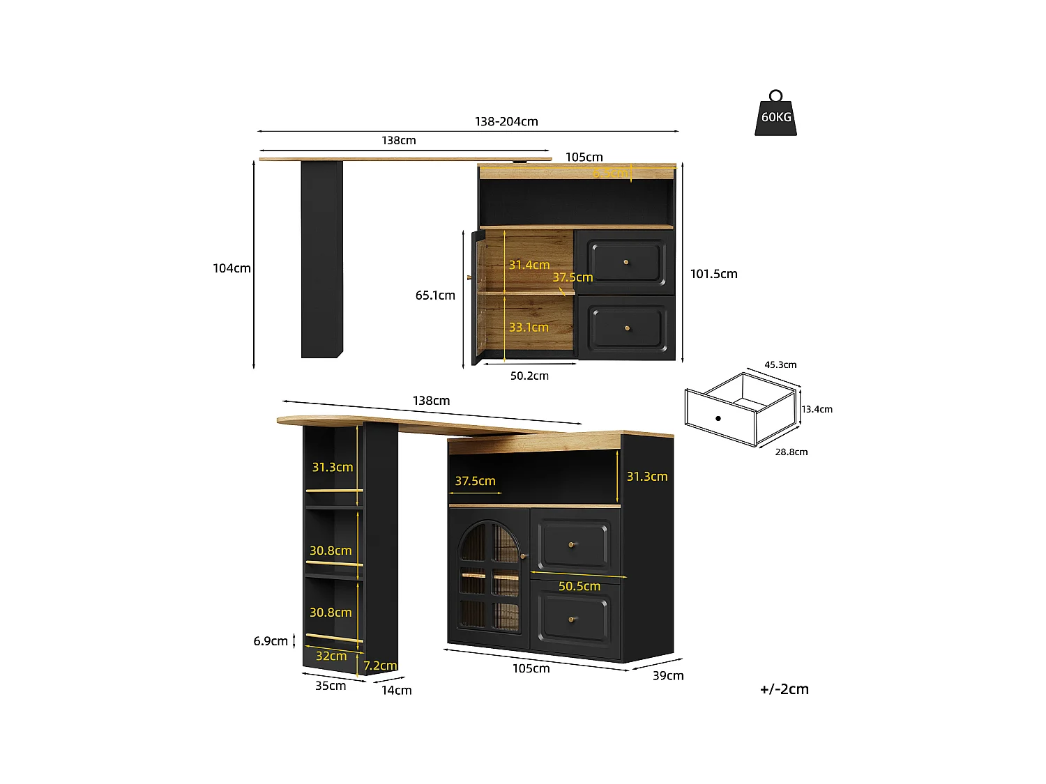 Desserte de cuisine 138/204x39x104 cm pivotant en bois avec 1 porte vitrée 2 tiroirs buffet avec rangement - noir