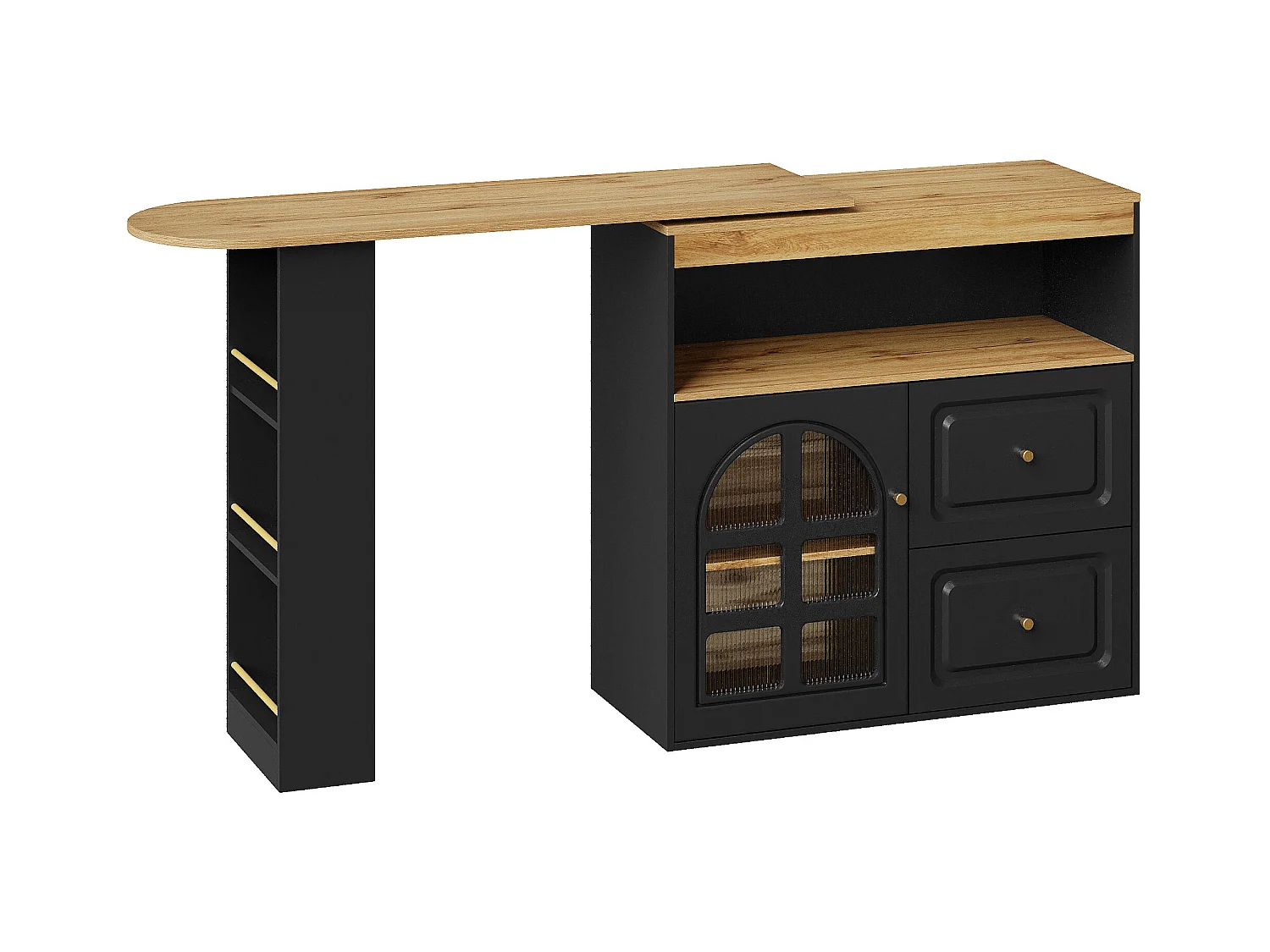 Desserte de cuisine 138/204x39x104 cm pivotant en bois avec 1 porte vitrée 2 tiroirs buffet avec rangement - noir