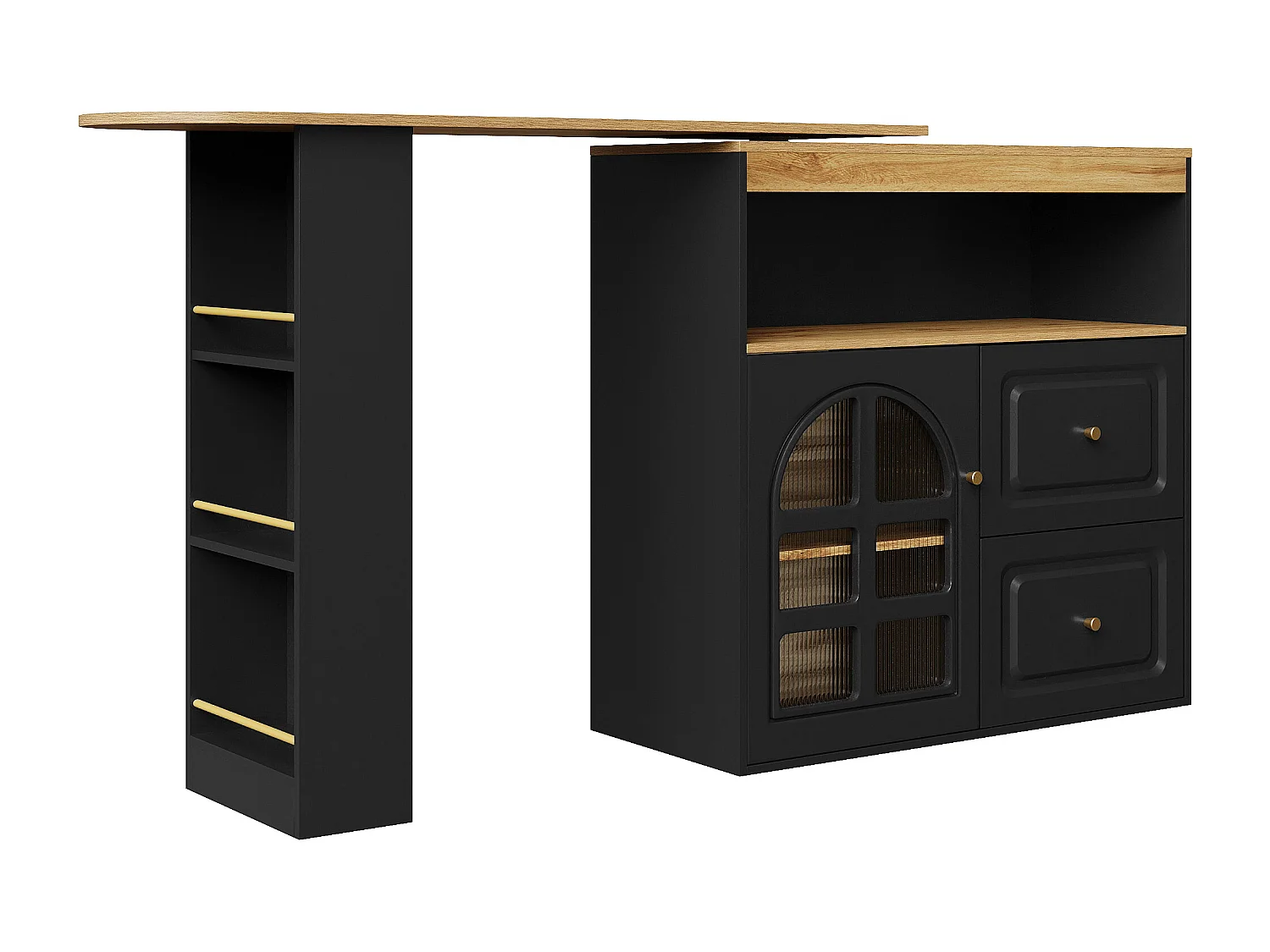 Houten draaibare bartafel met 1 glazen deur, 2 laden, dressoir met opbergruimte (138-204)x39x104 cm - zwart