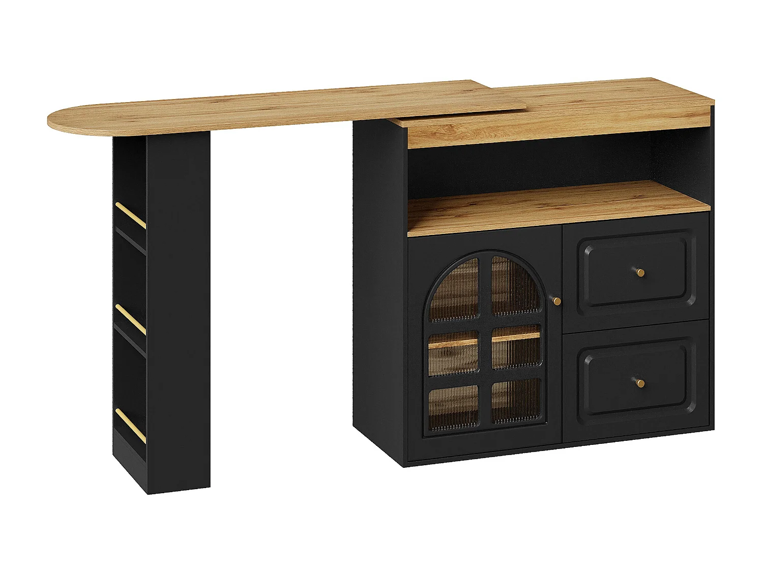 Houten draaibare bartafel met 1 glazen deur, 2 laden, dressoir met opbergruimte (138-204)x39x104 cm - zwart