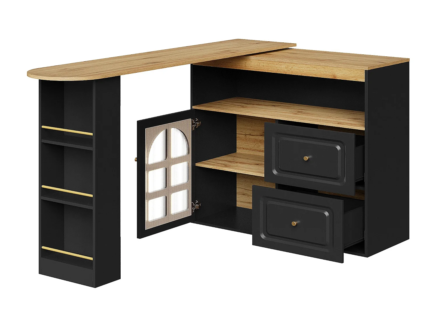 Houten draaibare bartafel met 1 glazen deur, 2 laden, dressoir met opbergruimte (138-204)x39x104 cm - zwart