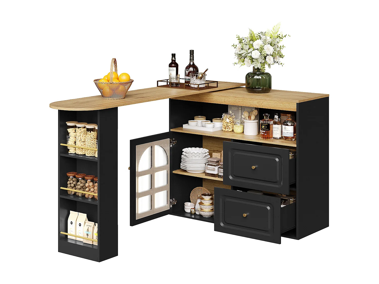 Meuble bar extensible 138x39x104 cm, pivotant à 360°, 2 tiroirs, porte vitrée cintrée, MDF noir