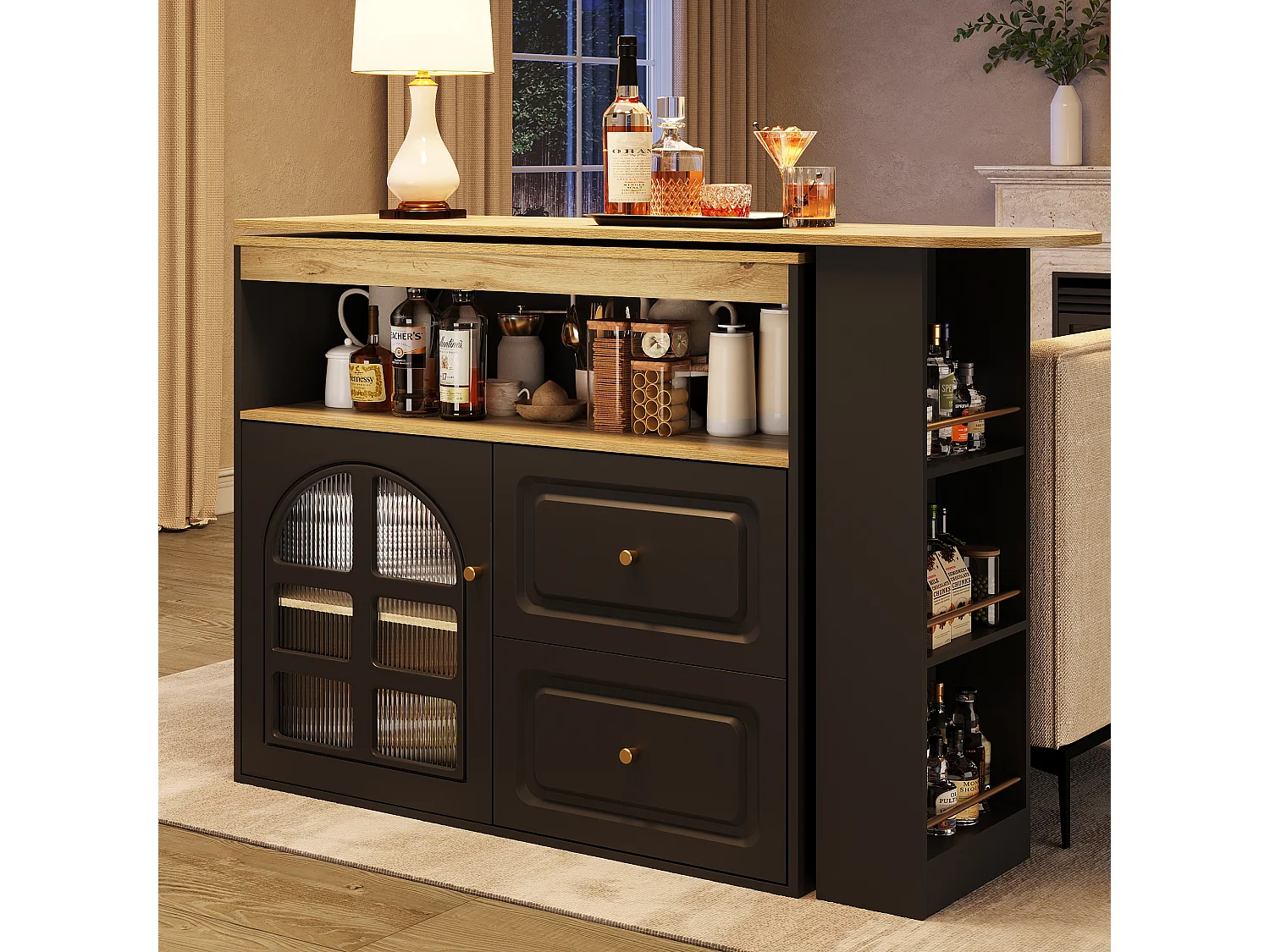 Meuble bar extensible 138x39x104 cm, pivotant à 360°, 2 tiroirs, porte vitrée cintrée, MDF noir