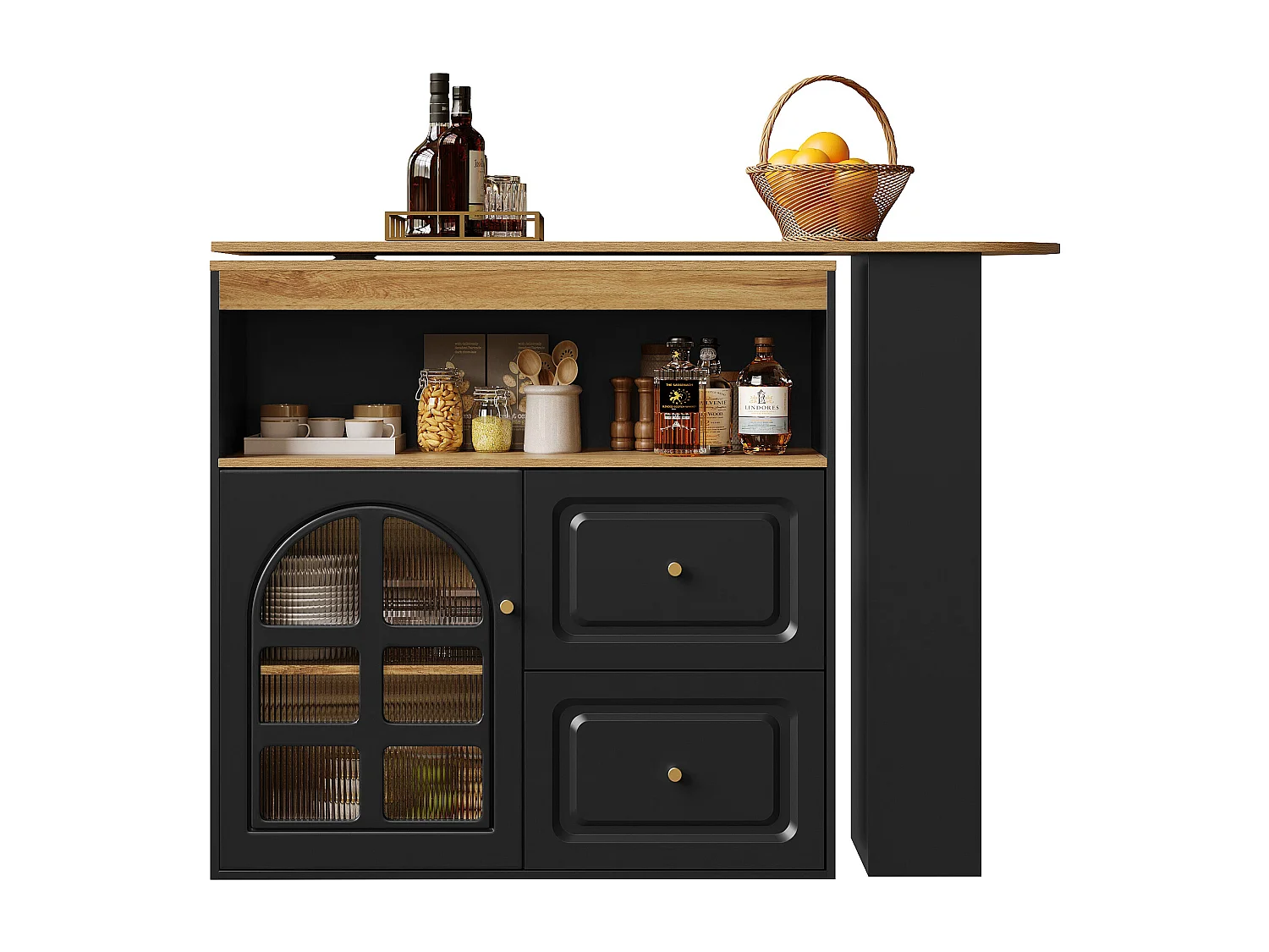 Meuble bar extensible 138x39x104 cm, pivotant à 360°, 2 tiroirs, porte vitrée cintrée, MDF noir