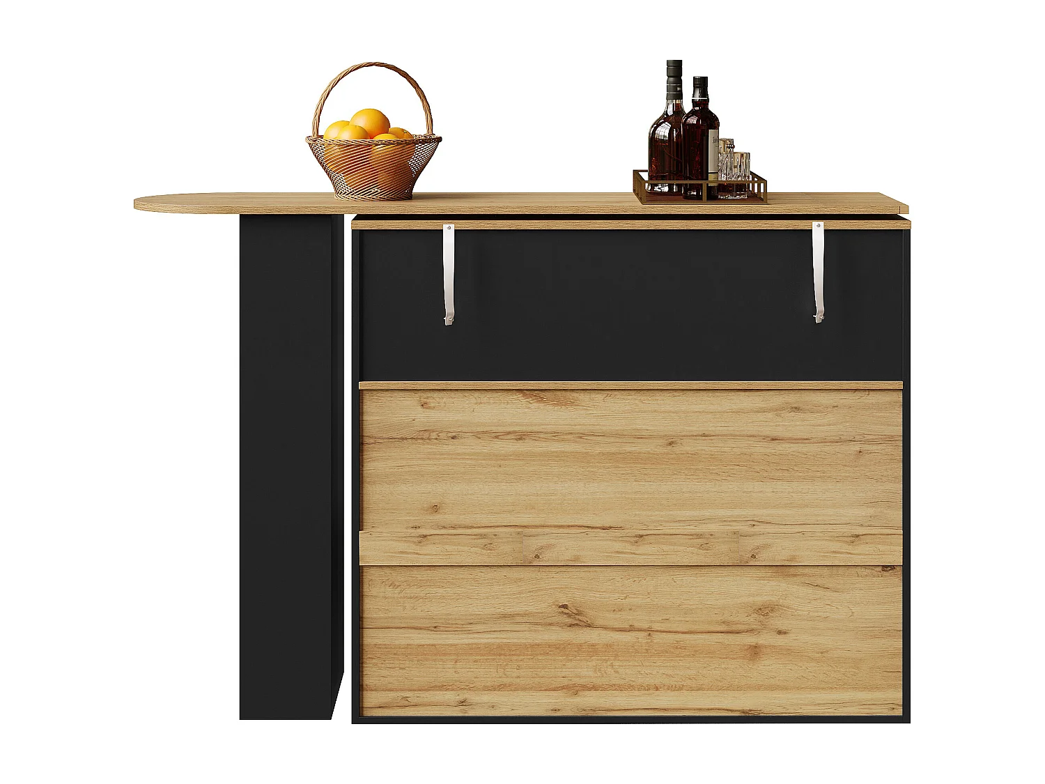 Meuble bar extensible 138x39x104 cm, pivotant à 360°, 2 tiroirs, porte vitrée cintrée, MDF noir