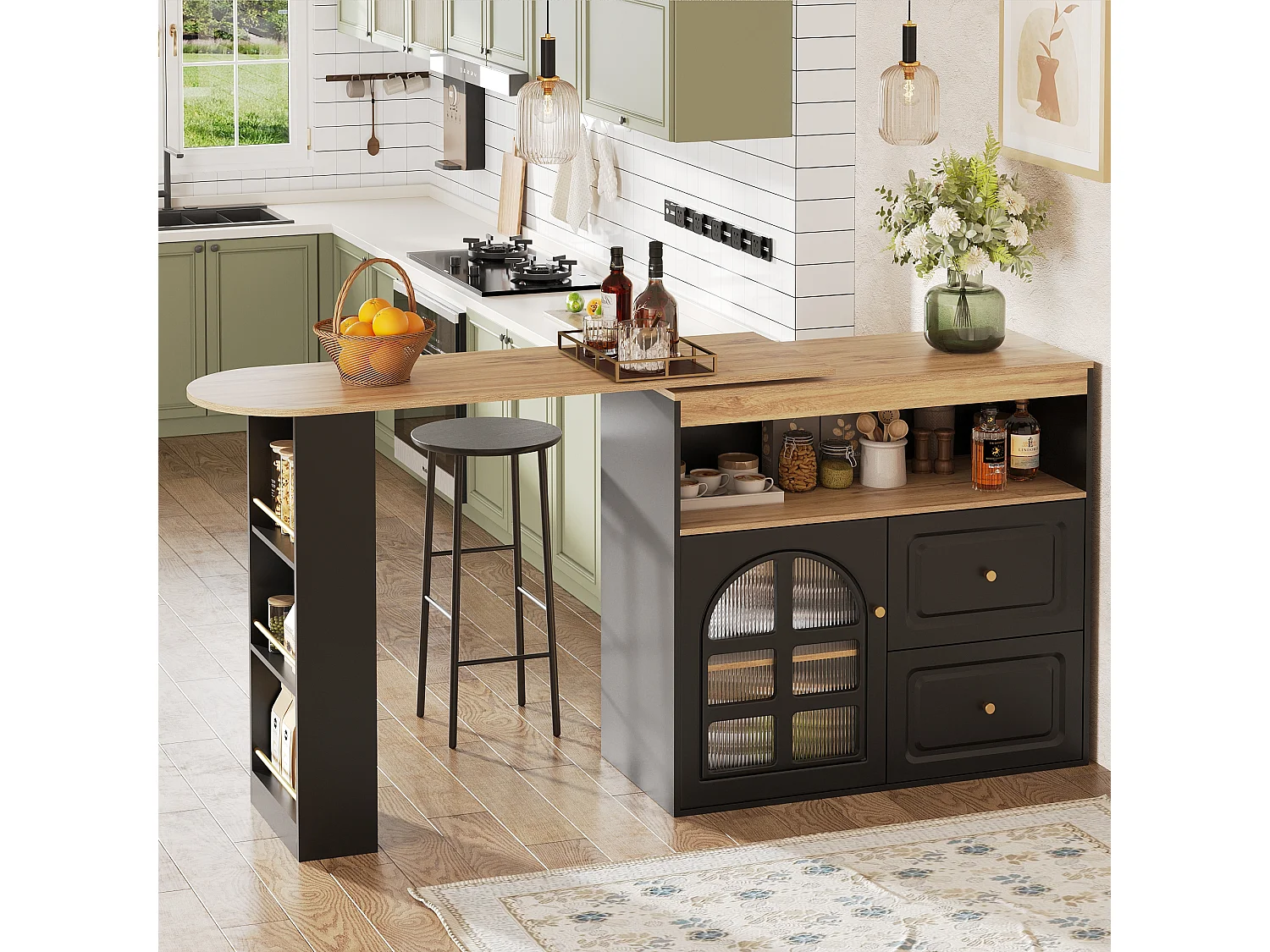 Meuble bar extensible 138x39x104 cm, pivotant à 360°, 2 tiroirs, porte vitrée cintrée, MDF noir