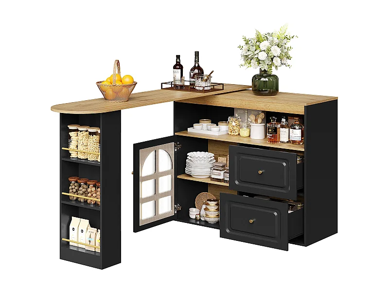 Meuble bar extensible 138x39x104 cm, pivotant à 360°, 2 tiroirs, porte vitrée cintrée, MDF noir