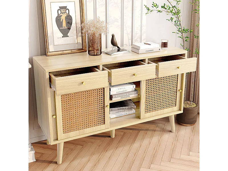 Buffet En Rotin avec 3 Tiroirs et 3 Portes - Étagères Réglables - Bois - Chêne(120x40x78cm)