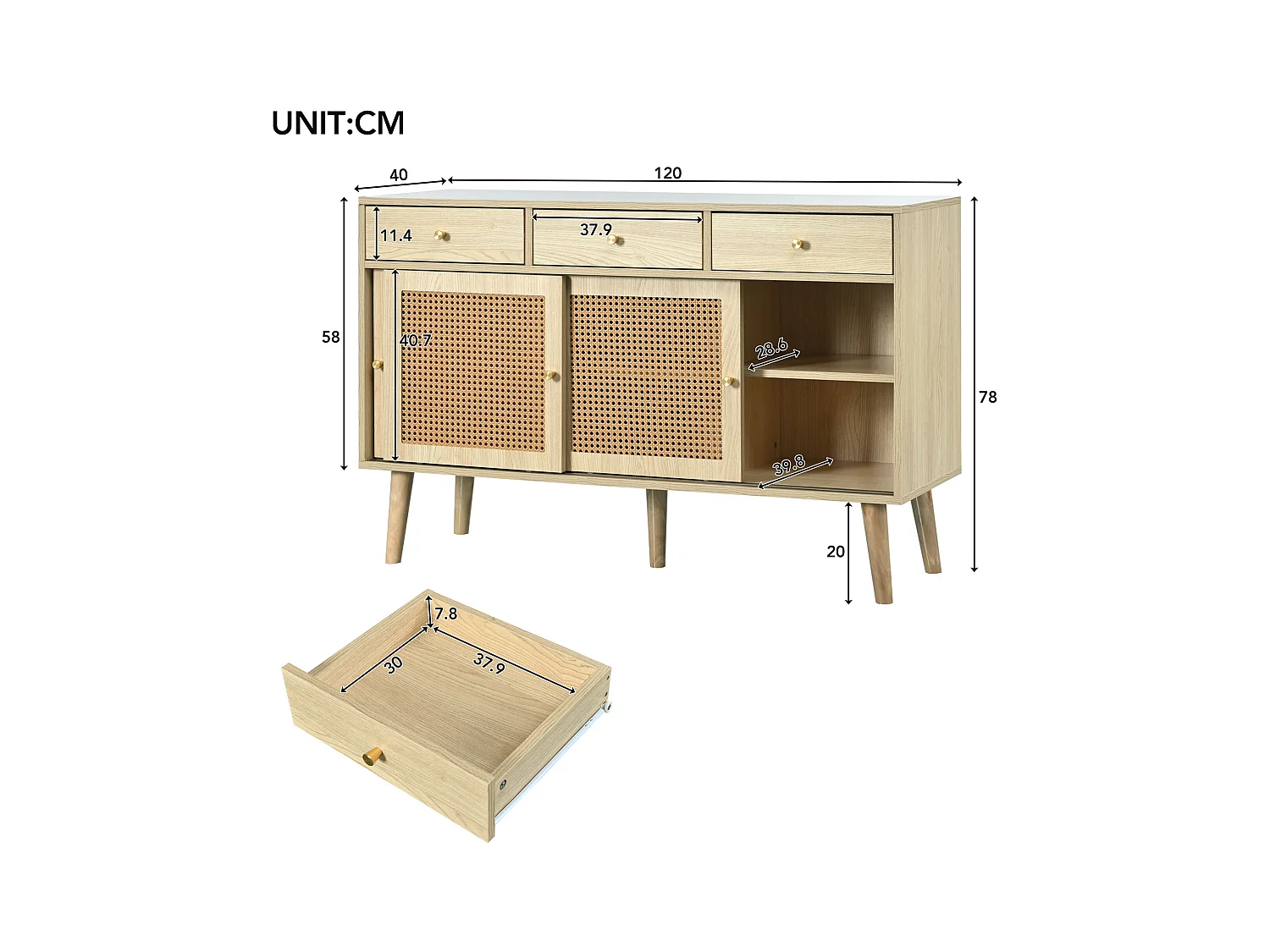 Rotan dressoir met 3 lades en 3 deuren - verstelbare planken - hout - eiken (120x40x78cm)
