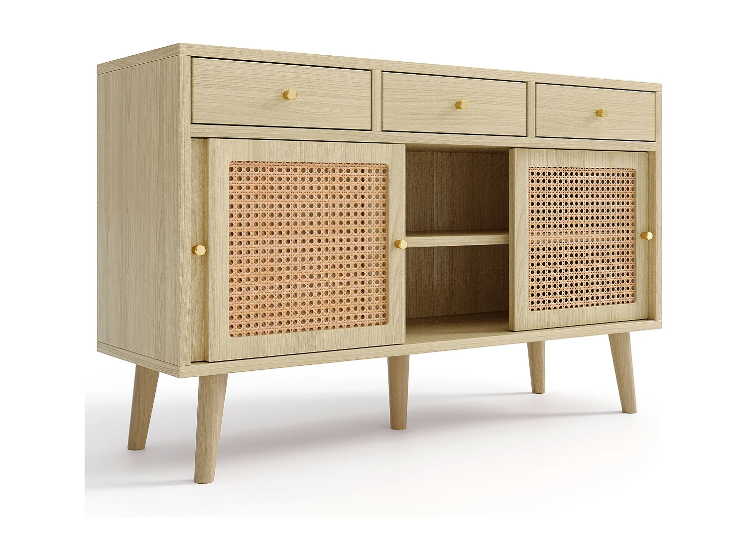 Rotan dressoir met 3 lades en 3 deuren - verstelbare planken - hout - eiken (120x40x78cm)