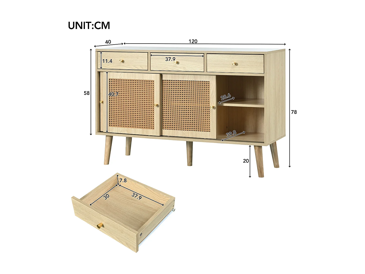 Rotan dressoir met 3 lades en 3 deuren - verstelbare planken - hout - eiken (120x40x78cm)