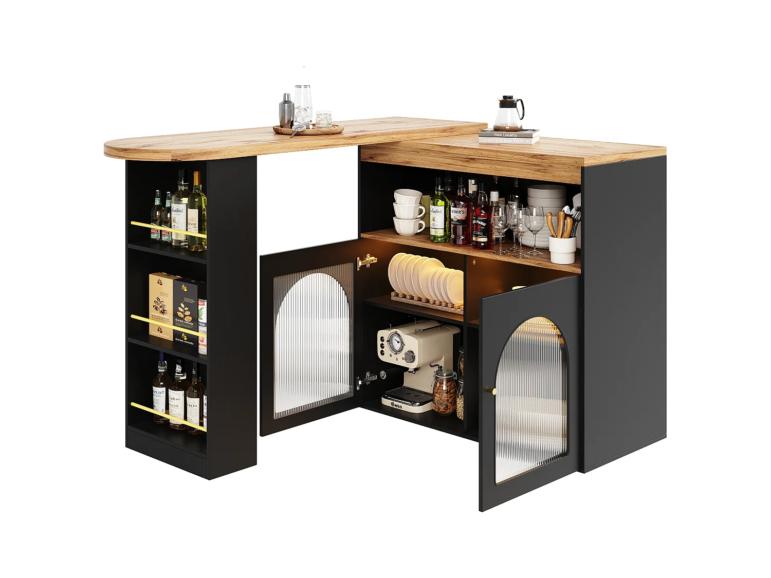 Meuble bar pivotant Rangement 138/193x39x105 cm - Table de bar en Bois avec LED Lumière Réglable - Noir