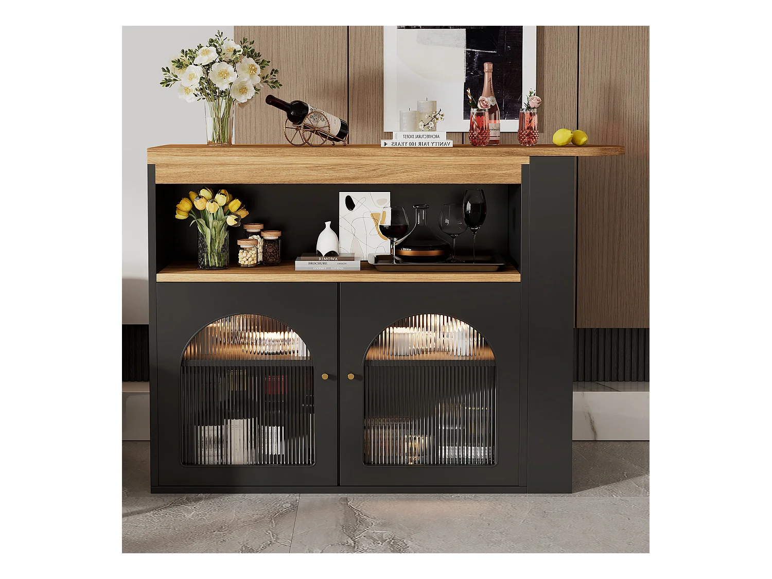 Meuble bar pivotant Rangement 138/193x39x105 cm - Table de bar en Bois avec LED Lumière Réglable - Noir