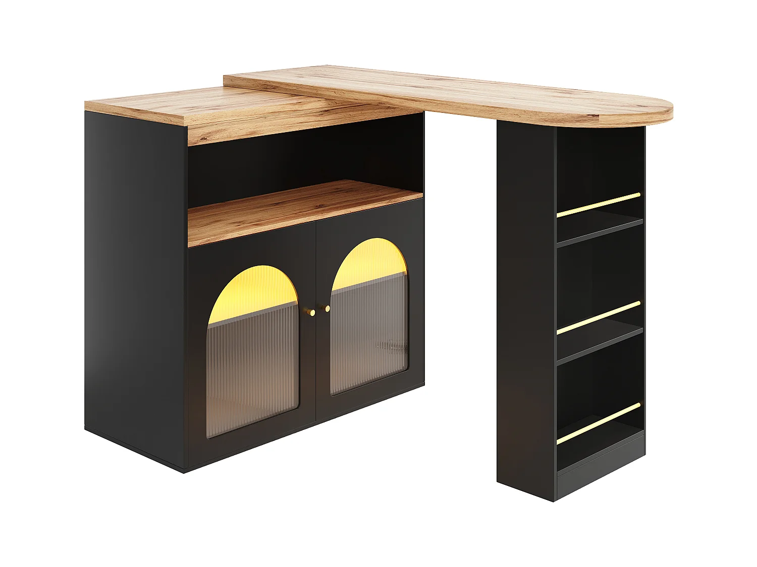 Meuble bar pivotant Rangement 138/193x39x105 cm - Table de bar en Bois avec LED Lumière Réglable - Noir