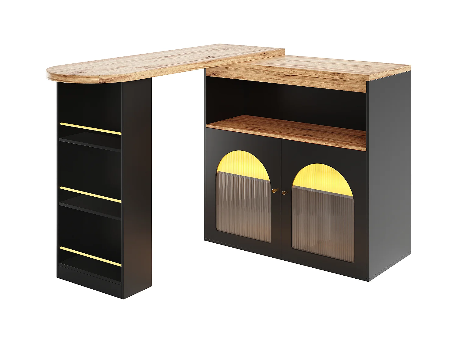 Meuble bar pivotant Rangement 138/193x39x105 cm - Table de bar en Bois avec LED Lumière Réglable - Noir