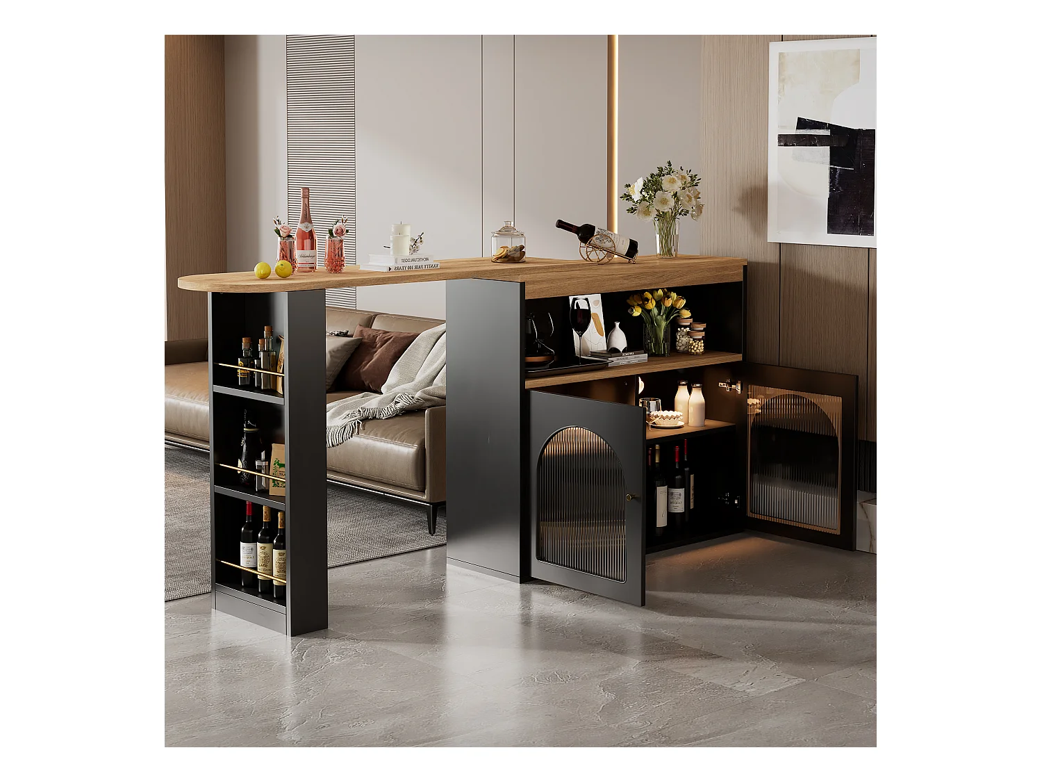 Meuble bar pivotant Rangement - Table de bar en Bois avec LED Lumière Réglable - 138/193x39x105 cm - Noir