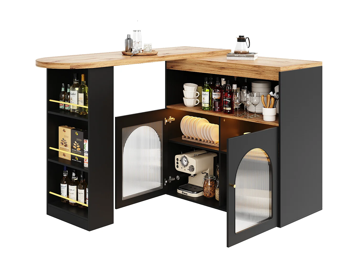 Draaibare barkast - Houten bartafel met verstelbare LED-verlichting - 138/193x39x105 cm - Zwart