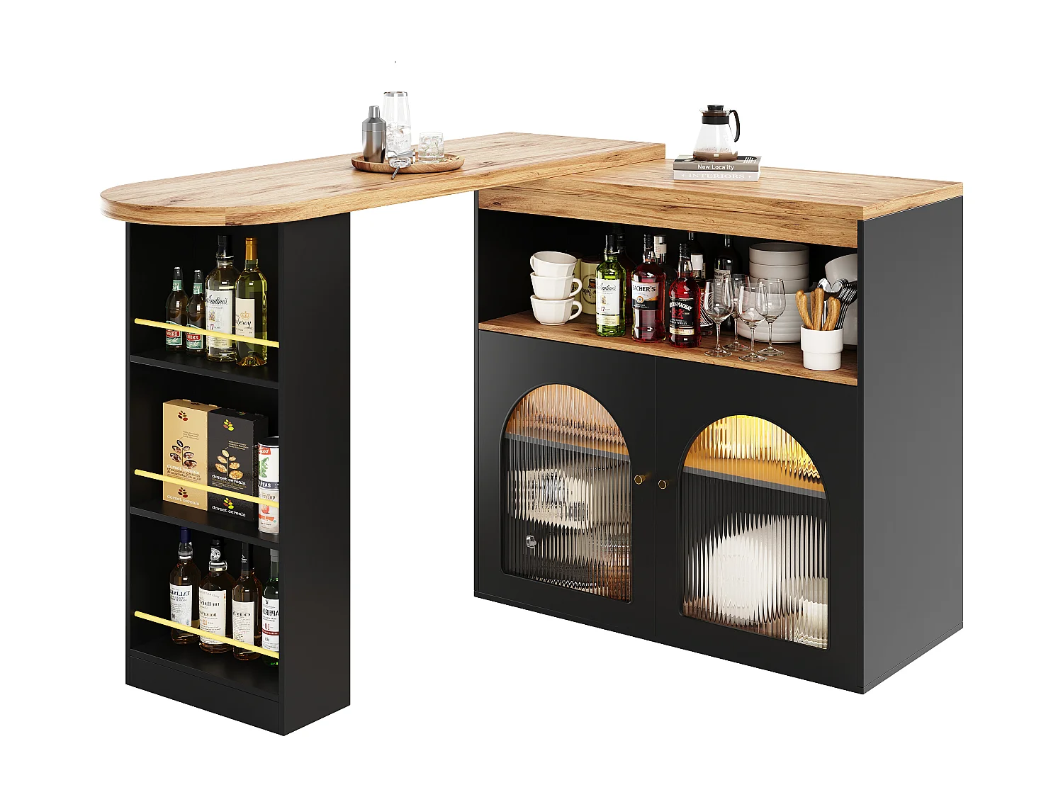 Table de bar 138x39x105 cm, extensible, pivotante à 360°, rangement 3 niveaux, MDF, noir