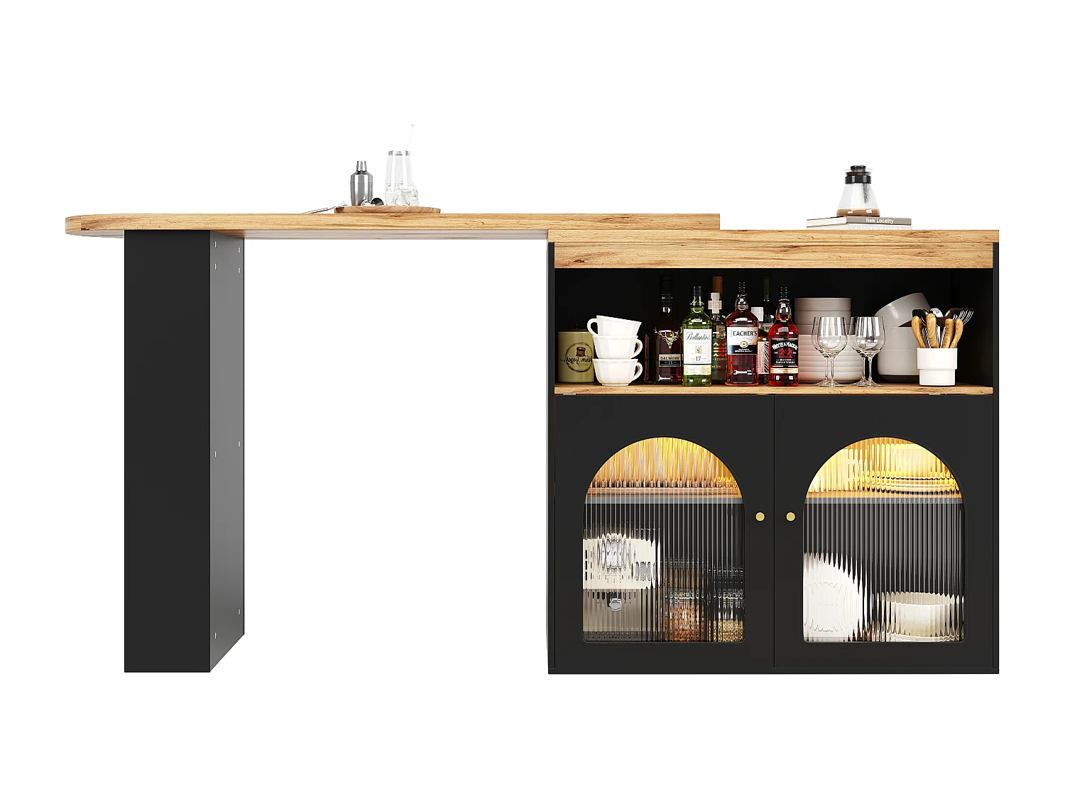 Table de bar 138x39x105 cm, extensible, pivotante à 360°, rangement 3 niveaux, MDF, noir