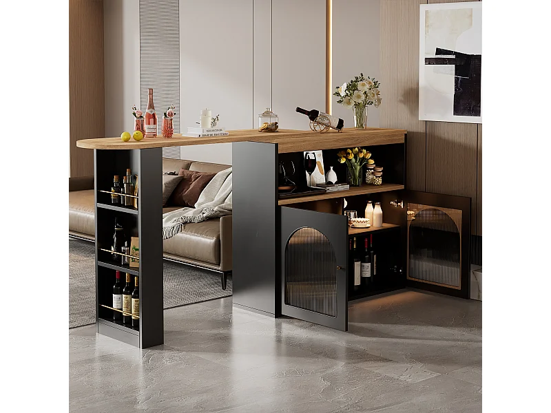 Mesa de bar giratoria de madera con espacio de almacenamiento - Luz LED ajustable - Negra - 138/193 x 39 x 105 cm