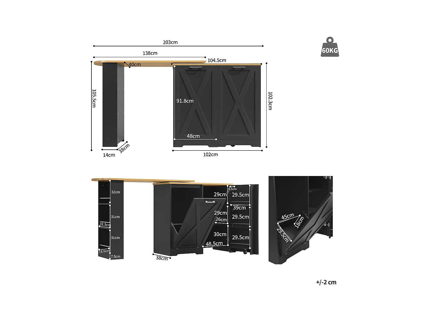 Houten draaibare bartafel met 1 deur en 1 klep - dressoir met uitschuifbaar blad (138-203)×38×105,5cm - zwart