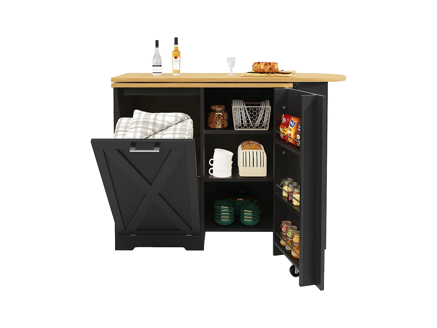 Houten draaibare bartafel met 1 deur en 1 klep - dressoir met uitschuifbaar blad (138-203)×38×105,5cm - zwart