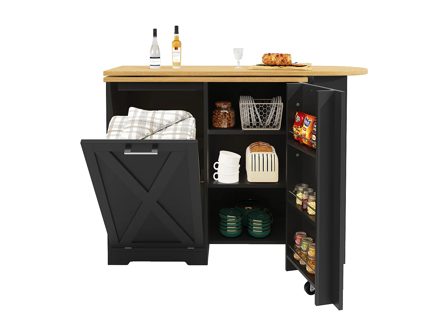 Meuble de bar pivotant en bois 1 porte et 1 rabat - buffet avec plateau extensible (138-203)×38×105.5cm- noir