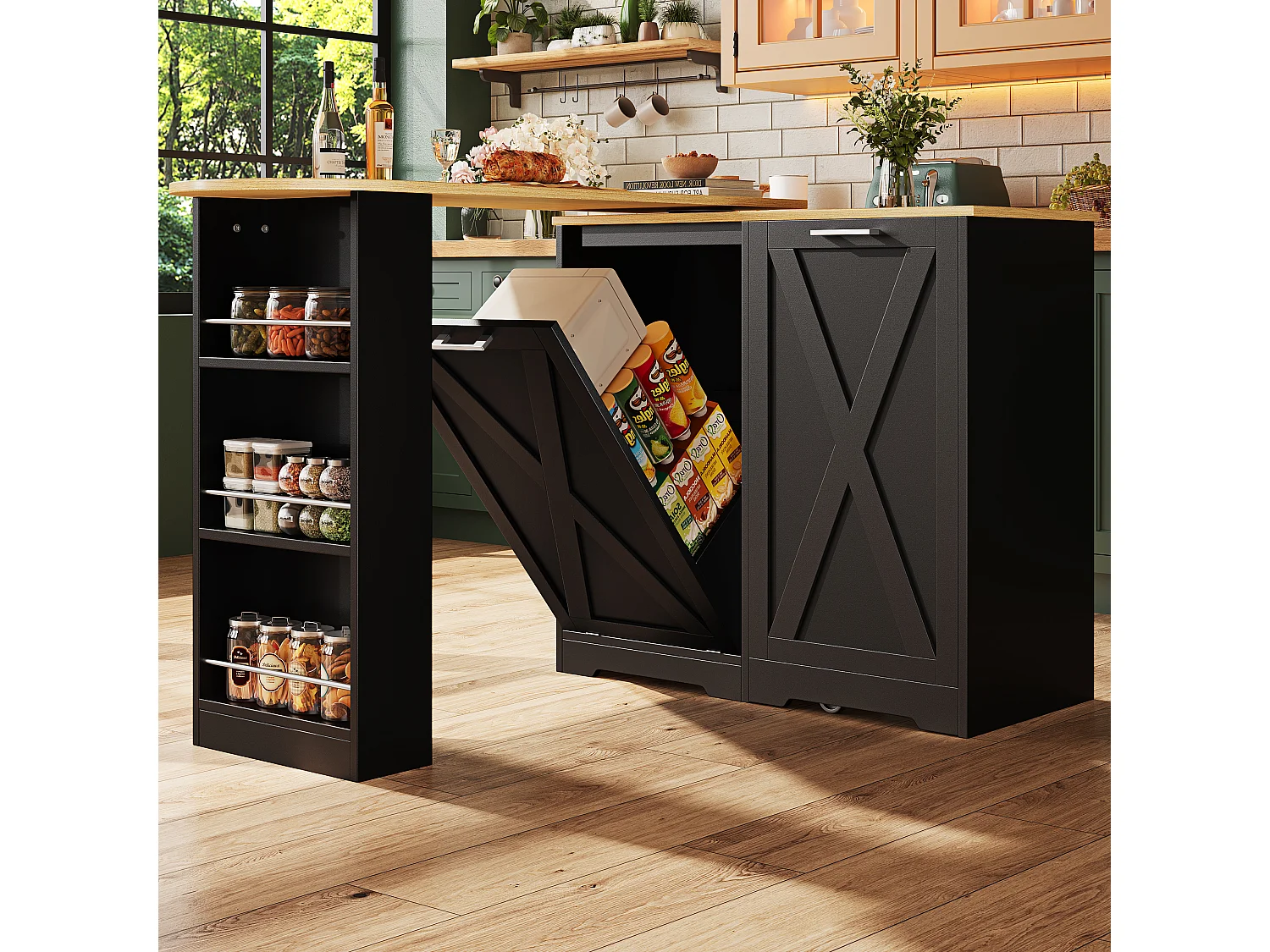 Desserte de cuisine 138/203x38x105.5 cm pivotant en bois 1 porte et 1 rabat - buffet avec plateau extensible - noir