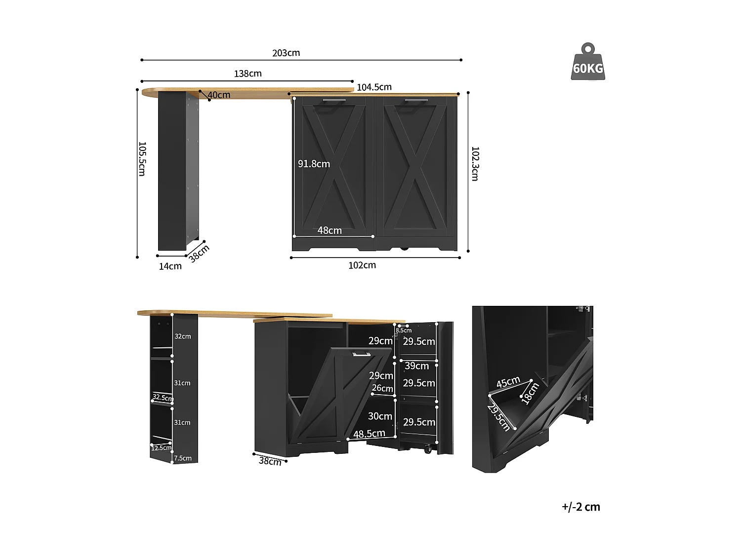 Desserte de cuisine 138/203x38x105.5 cm pivotant en bois 1 porte et 1 rabat - buffet avec plateau extensible - noir