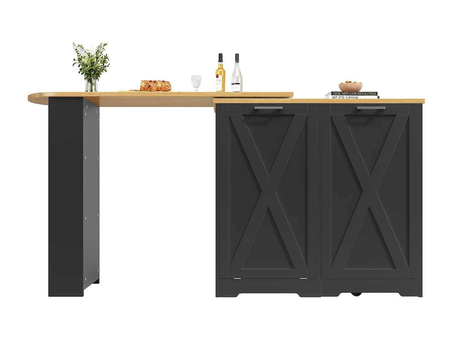 Desserte de cuisine 138/203x38x105.5 cm pivotant en bois 1 porte et 1 rabat - buffet avec plateau extensible - noir