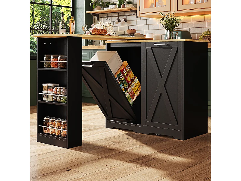 Desserte de cuisine 138/203x38x105.5 cm pivotant en bois 1 porte et 1 rabat - buffet avec plateau extensible - noir