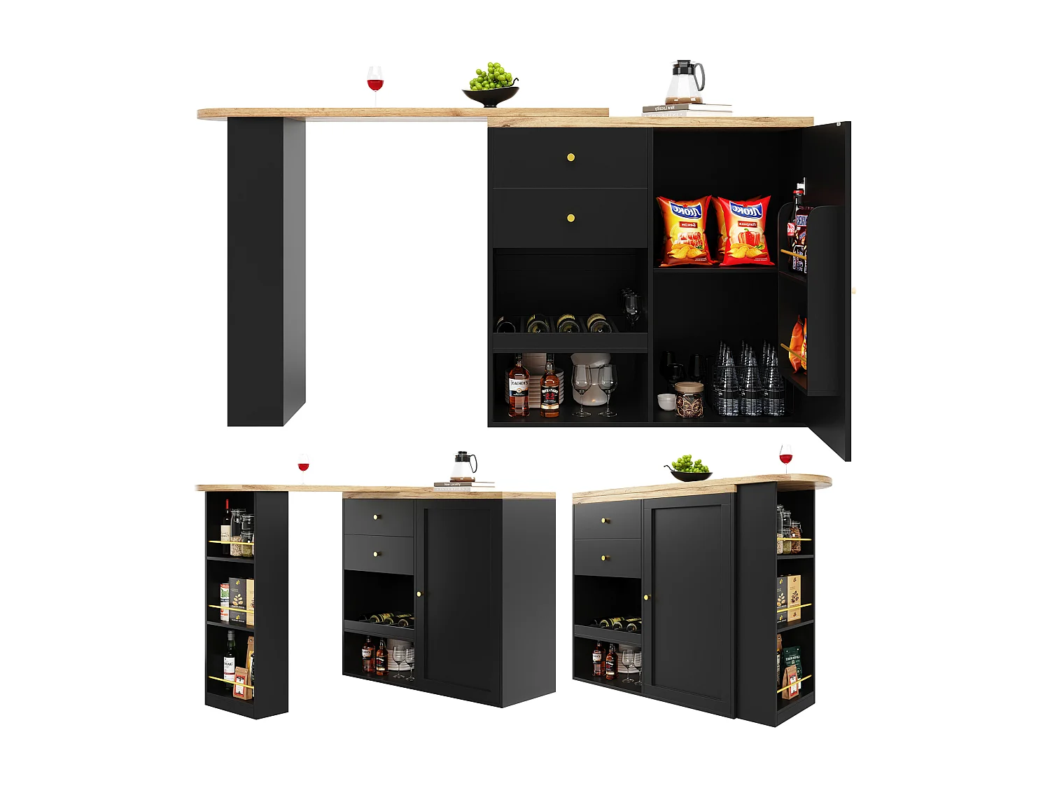 Meuble de bar pivotant en bois avec 1 porte et 2 tiroirs Îlot de cuisine avec rangement 138x39x102 cm - noir