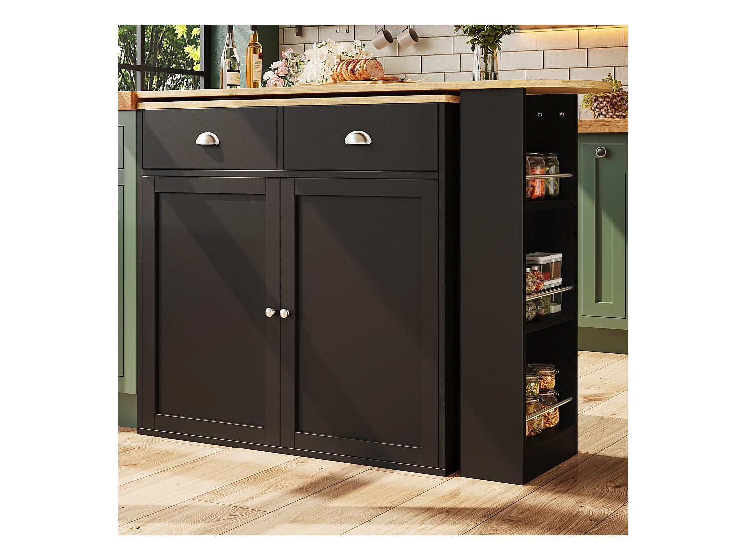 Houten draaibare bartafel met 2 deuren en 2 lades - dressoir met uitschuifbaar blad (138-203)×39×105cm - zwart