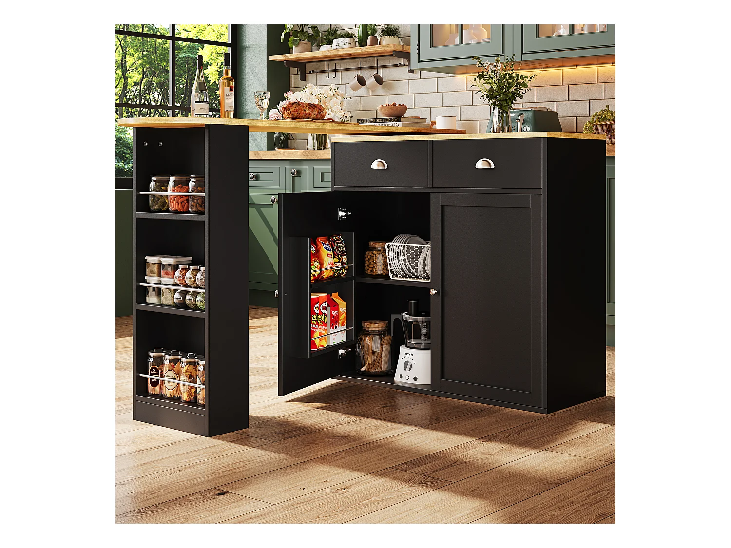 Meuble de bar pivotant en bois 2 portes et 2 tiroirs - buffet avec plateau extensible (138-203)×39×105cm- noir