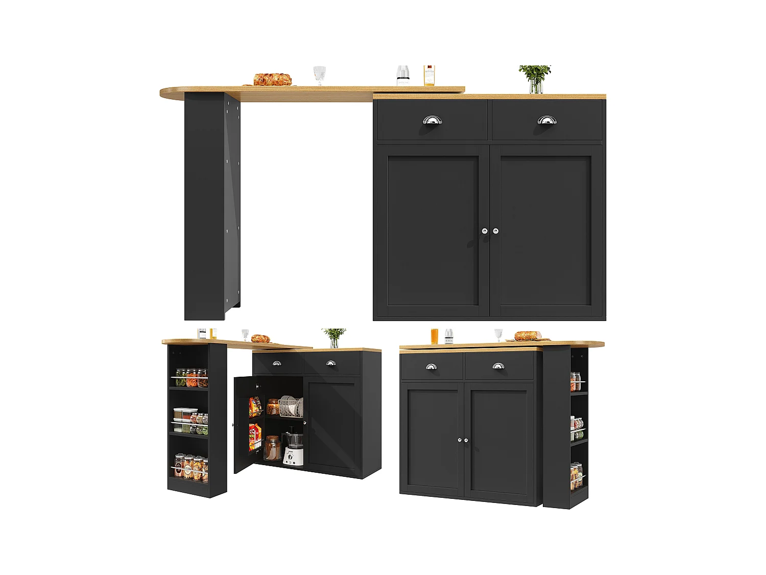 Meuble de bar pivotant en bois 2 portes et 2 tiroirs - buffet avec plateau extensible (138-203)×39×105cm- noir