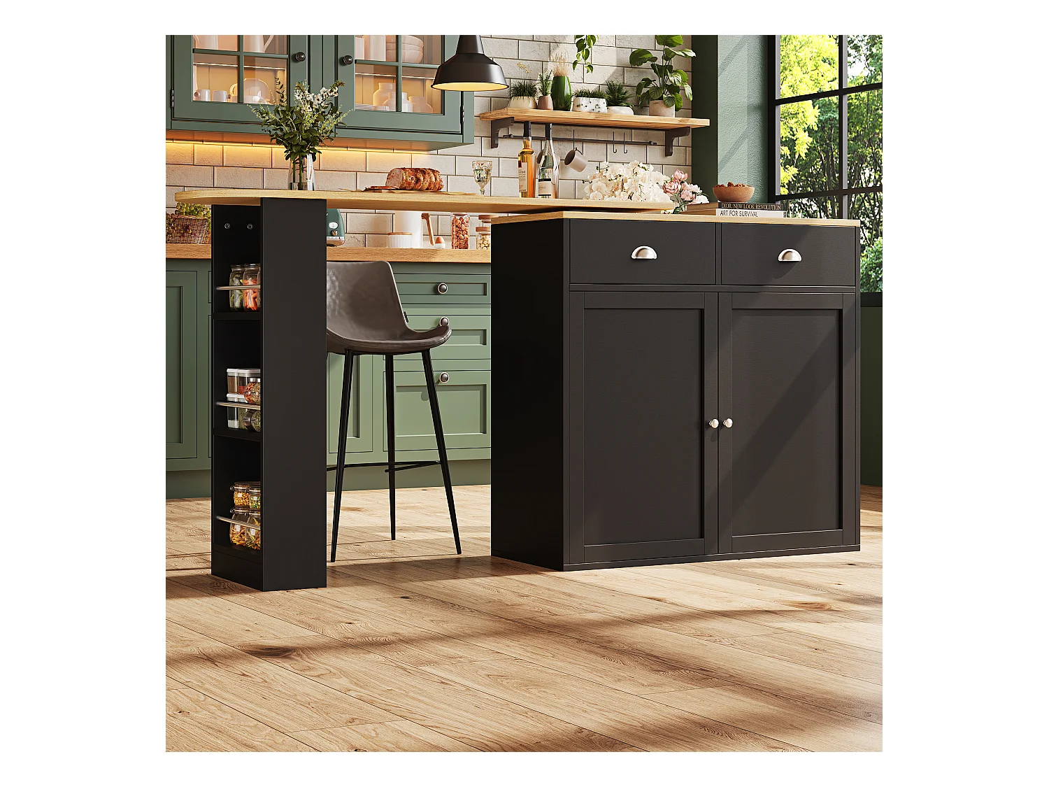 Meuble de bar pivotant en bois 2 portes et 2 tiroirs - buffet avec plateau extensible (138-203)×39×105cm- noir