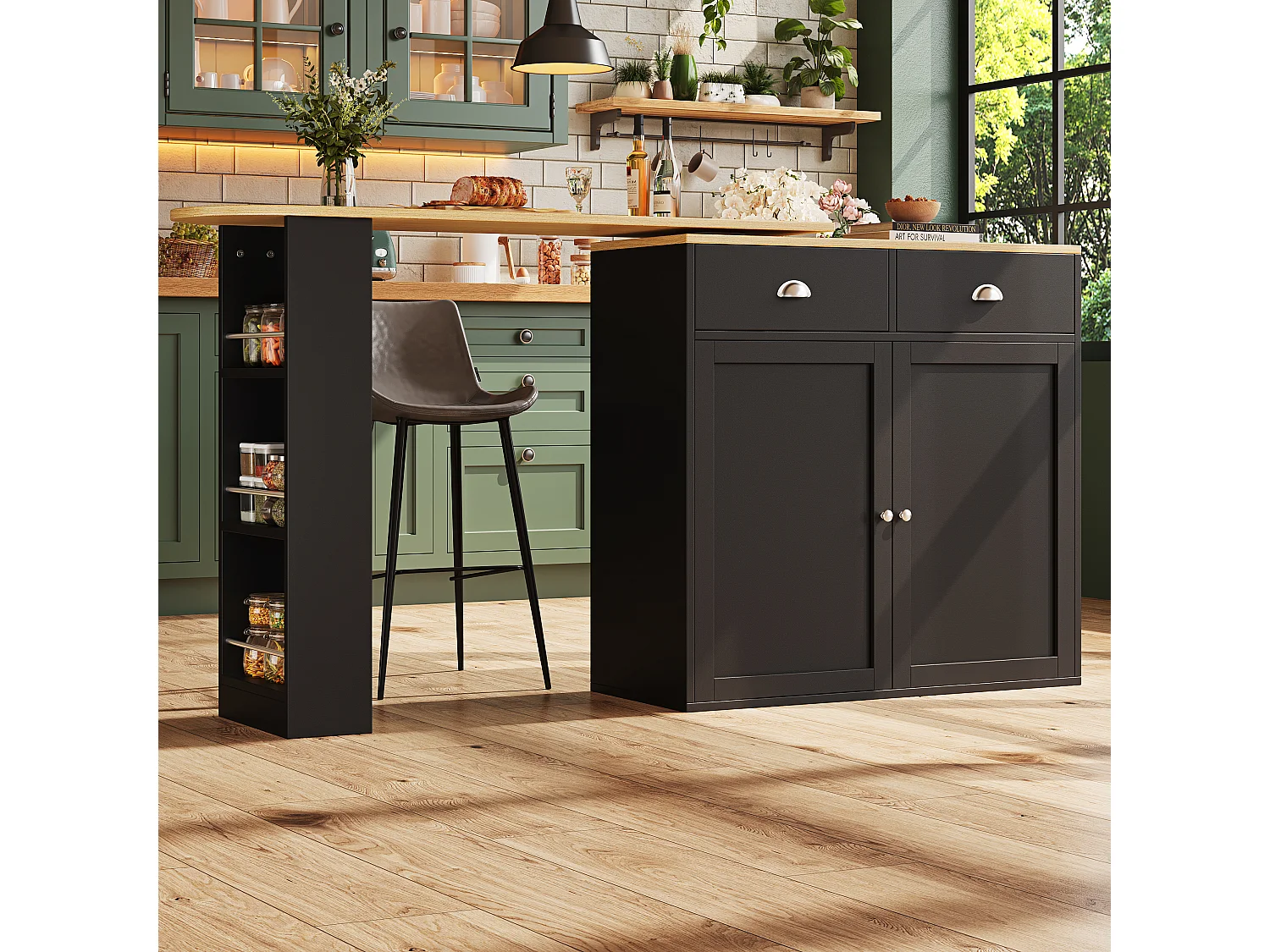 Desserte de cuisine 138/203x39x105 cm pivotant en bois 2 portes et 2 tiroirs - buffet avec plateau extensible - noir