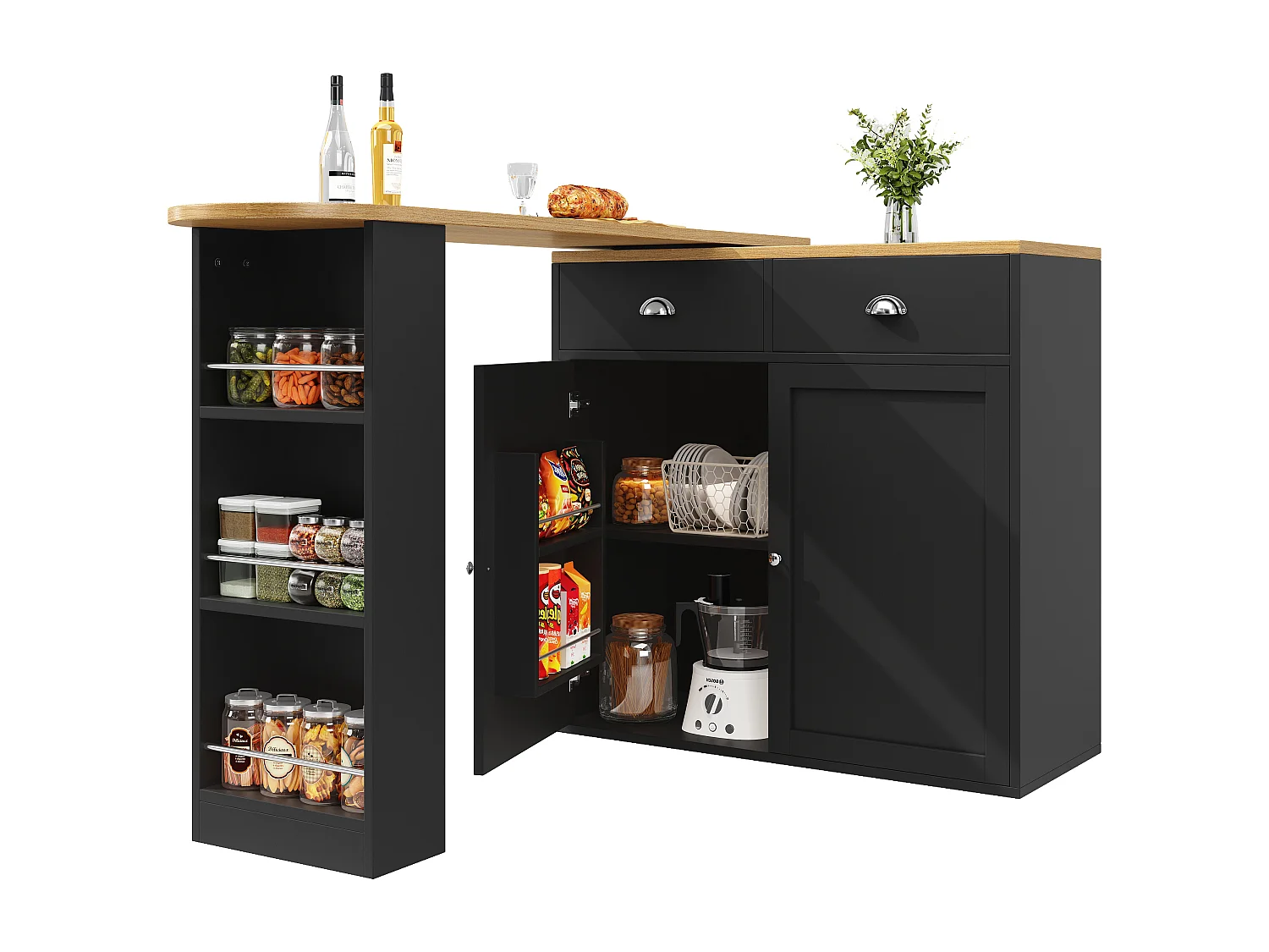 Meuble bar 138x39x105 cm, pivotant 360°, extensible 138-203 cm, rangement multifonction, MDF noir