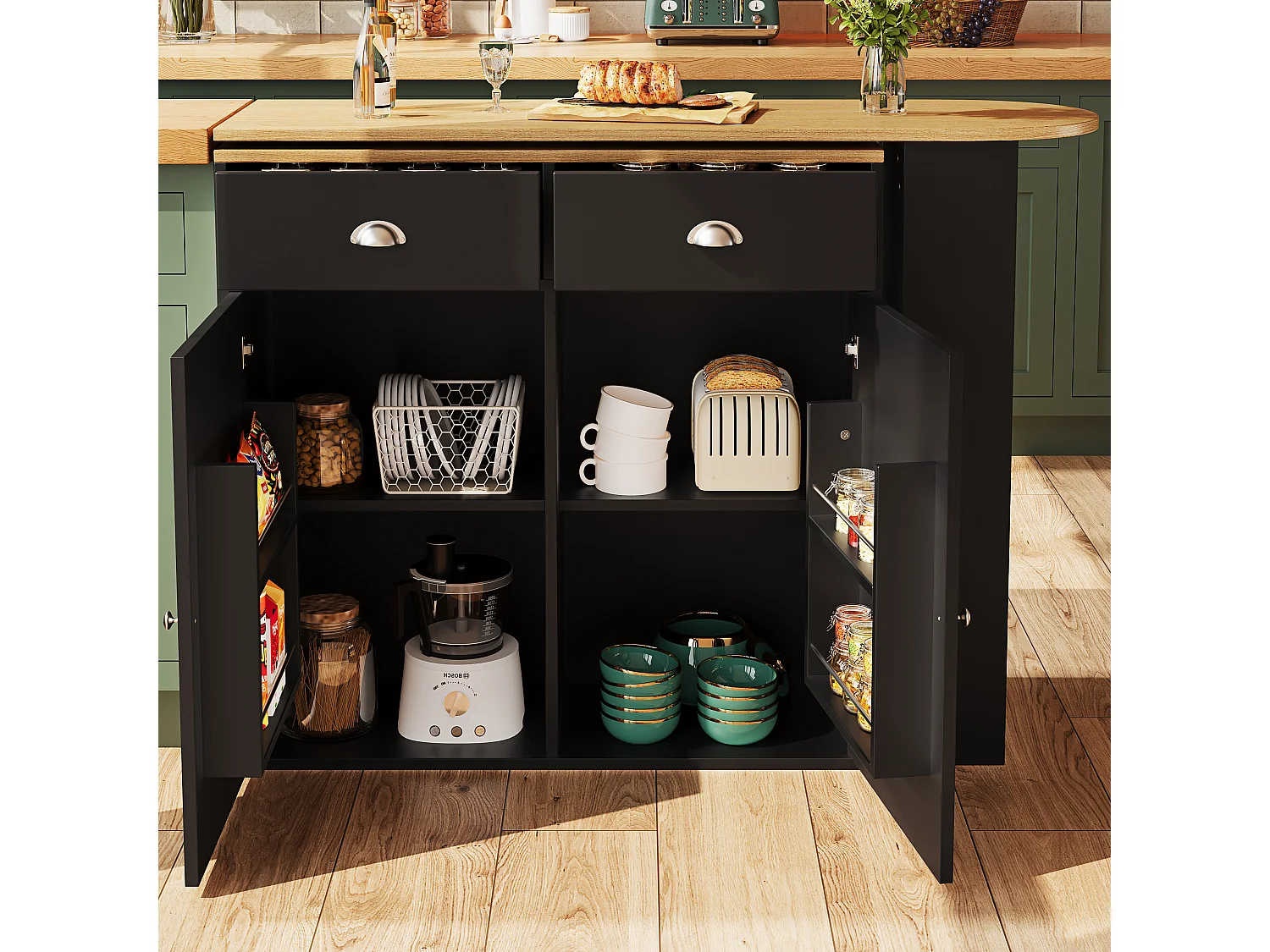 Meuble bar 138x39x105 cm, pivotant 360°, extensible 138-203 cm, rangement multifonction, MDF noir