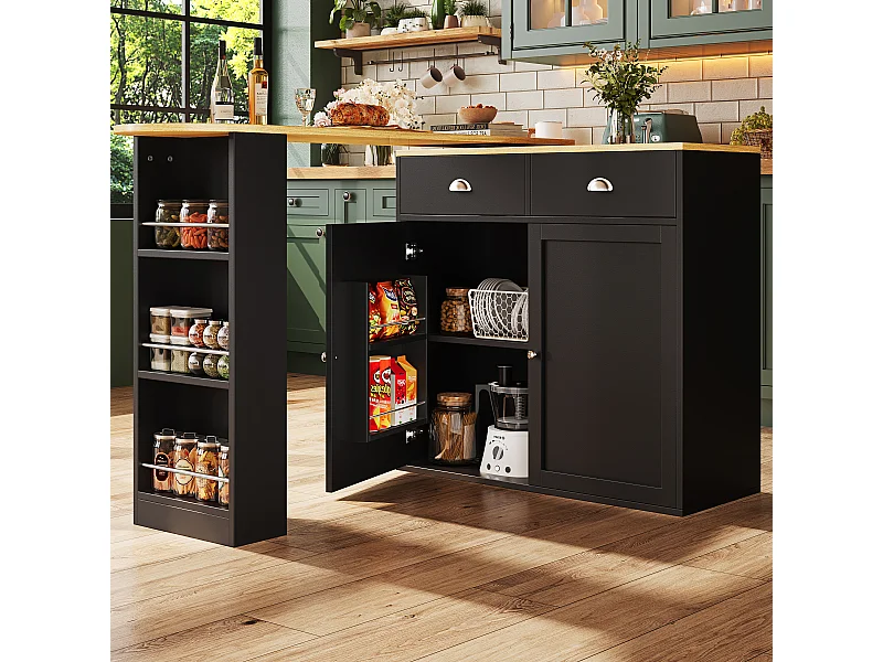 Houten draaibare bartafel met 2 deuren en 2 lades - dressoir met uitschuifbaar blad (138-203)×39×105cm - zwart