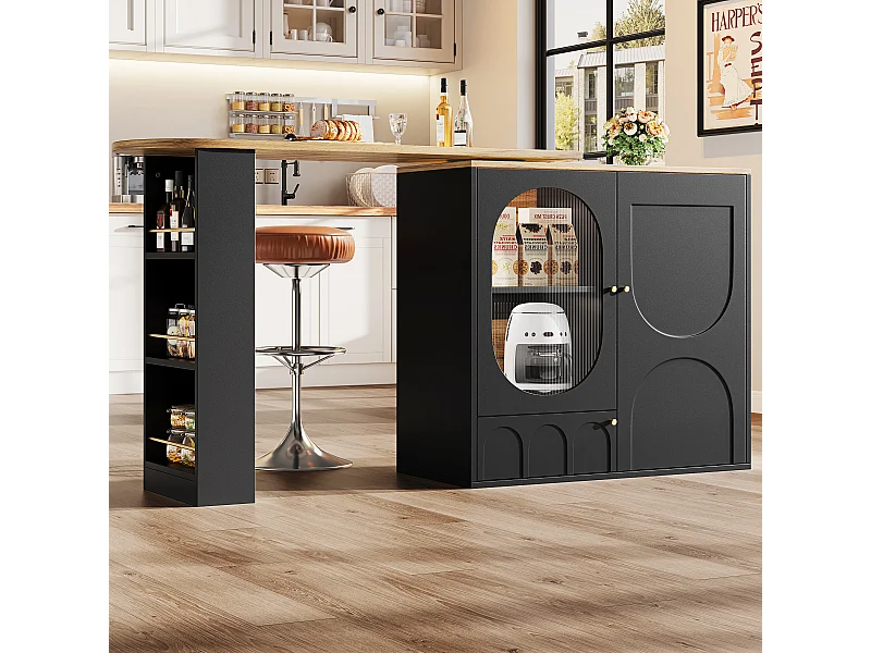 Meuble de bar pivotant avec 3 portes îlot de cuisine avec rangement - plateau extensible (138-204)x39x102 cm - noir