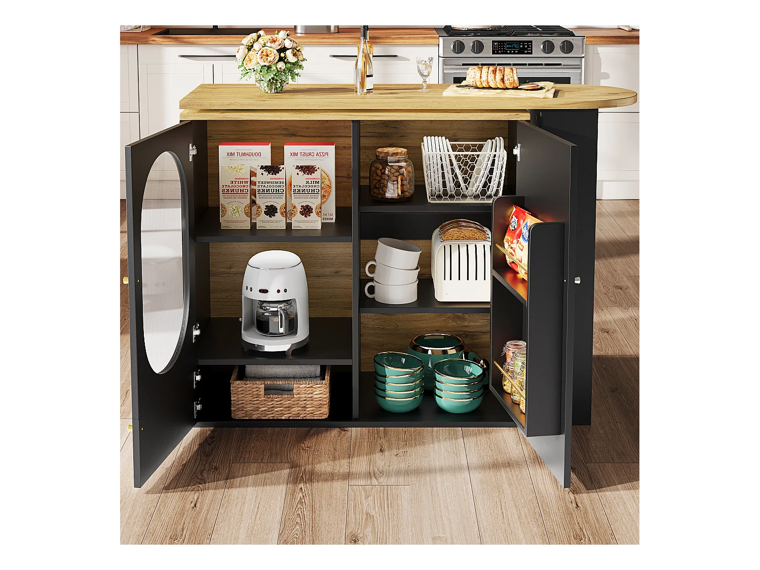 Desserte de cuisine 138/204x39x102 cm pivotant avec 3 portes îlot de cuisine avec rangement - plateau extensible - noir