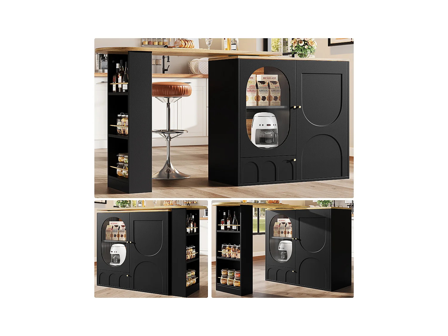 Desserte de cuisine 138/204x39x102 cm pivotant avec 3 portes îlot de cuisine avec rangement - plateau extensible - noir